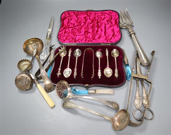 A cased set of six silver plated apostle spoons, with tongs, and other plated flatware